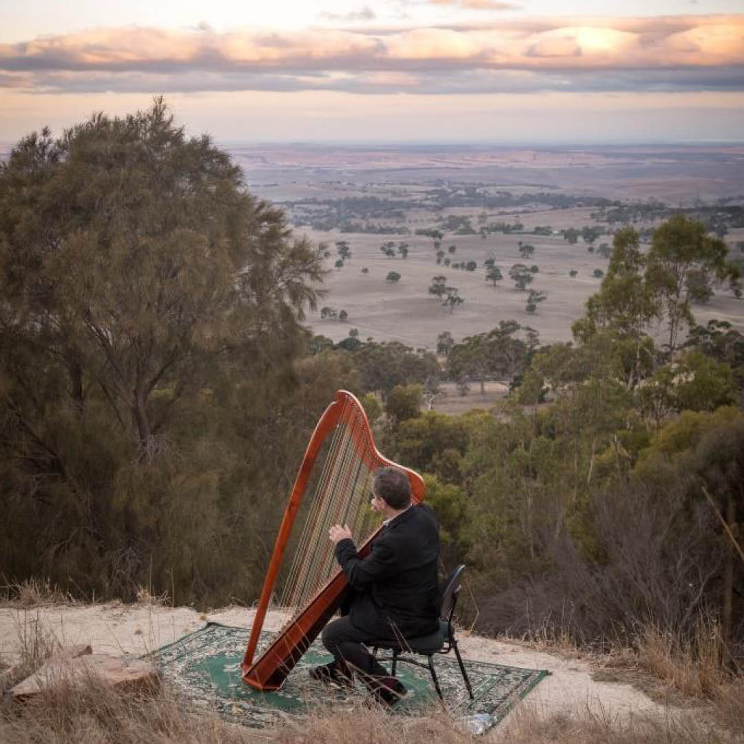 Marshall McGuire playing harp during Sunset Experience
