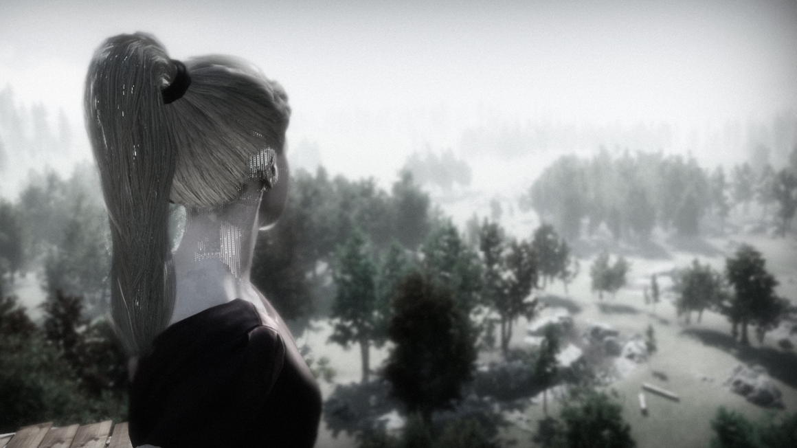 Computer generated lady stares off to mid distance