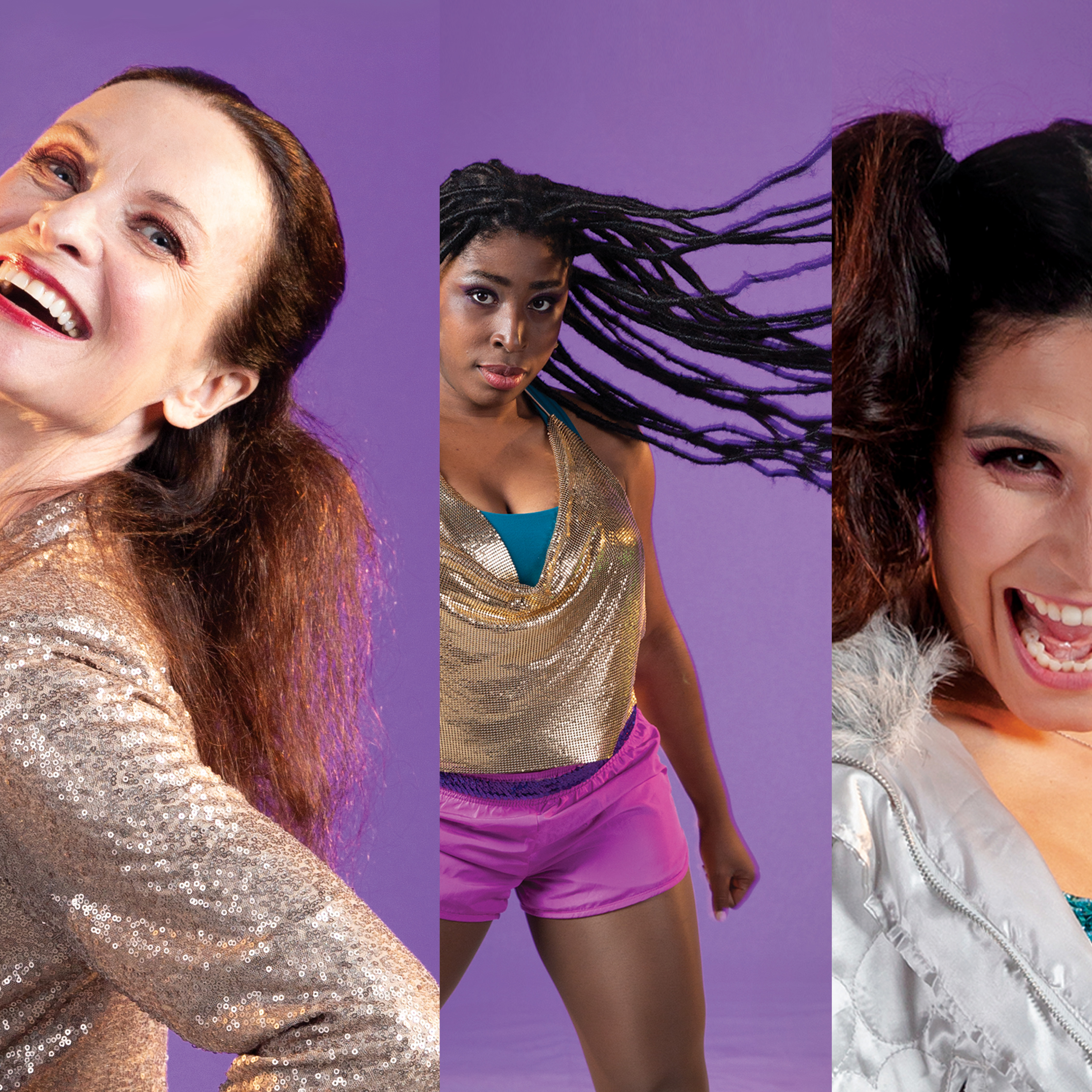 Spliced image of three dancers against purple background