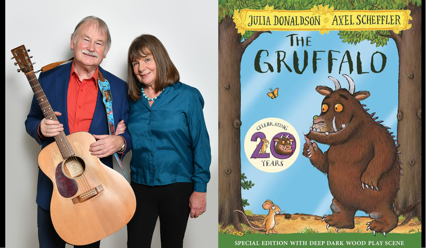 Julian and Malcom Donaldson alongside the cover of The Gruffalo