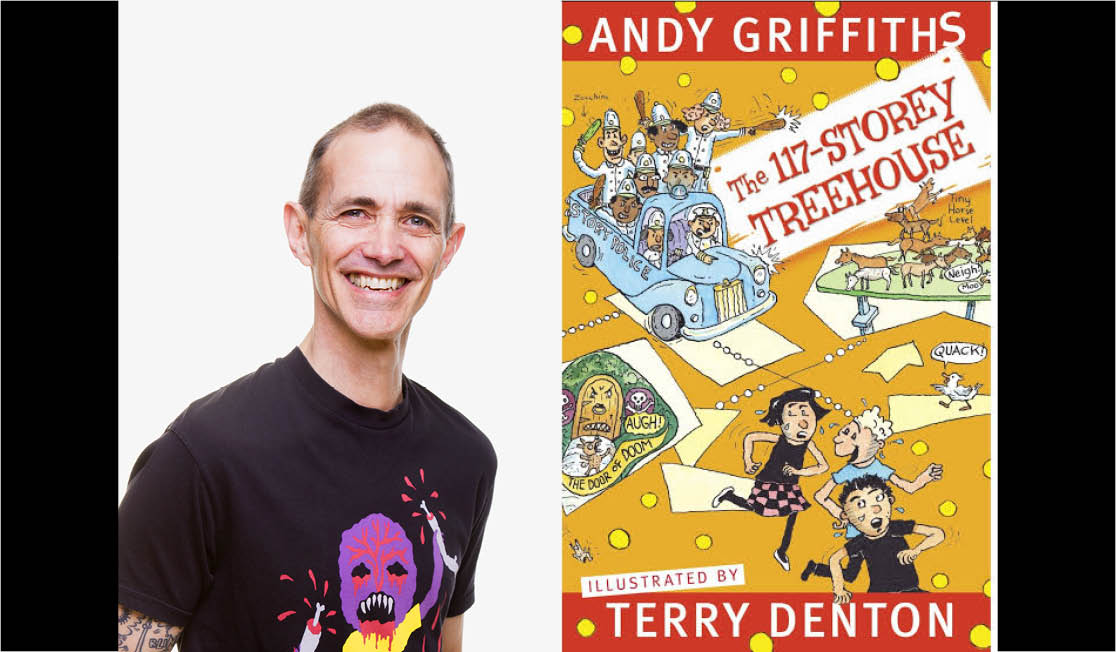 Andy Griffiths headshot alongside his latest book The 117-storey treehouse