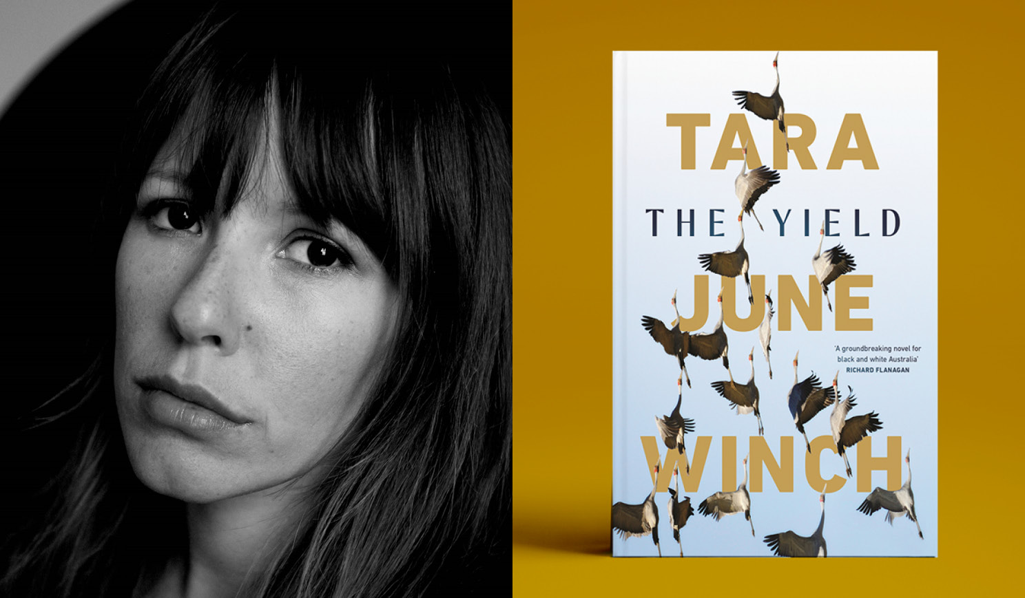 Tara June Winch with the cover of her book The Yield