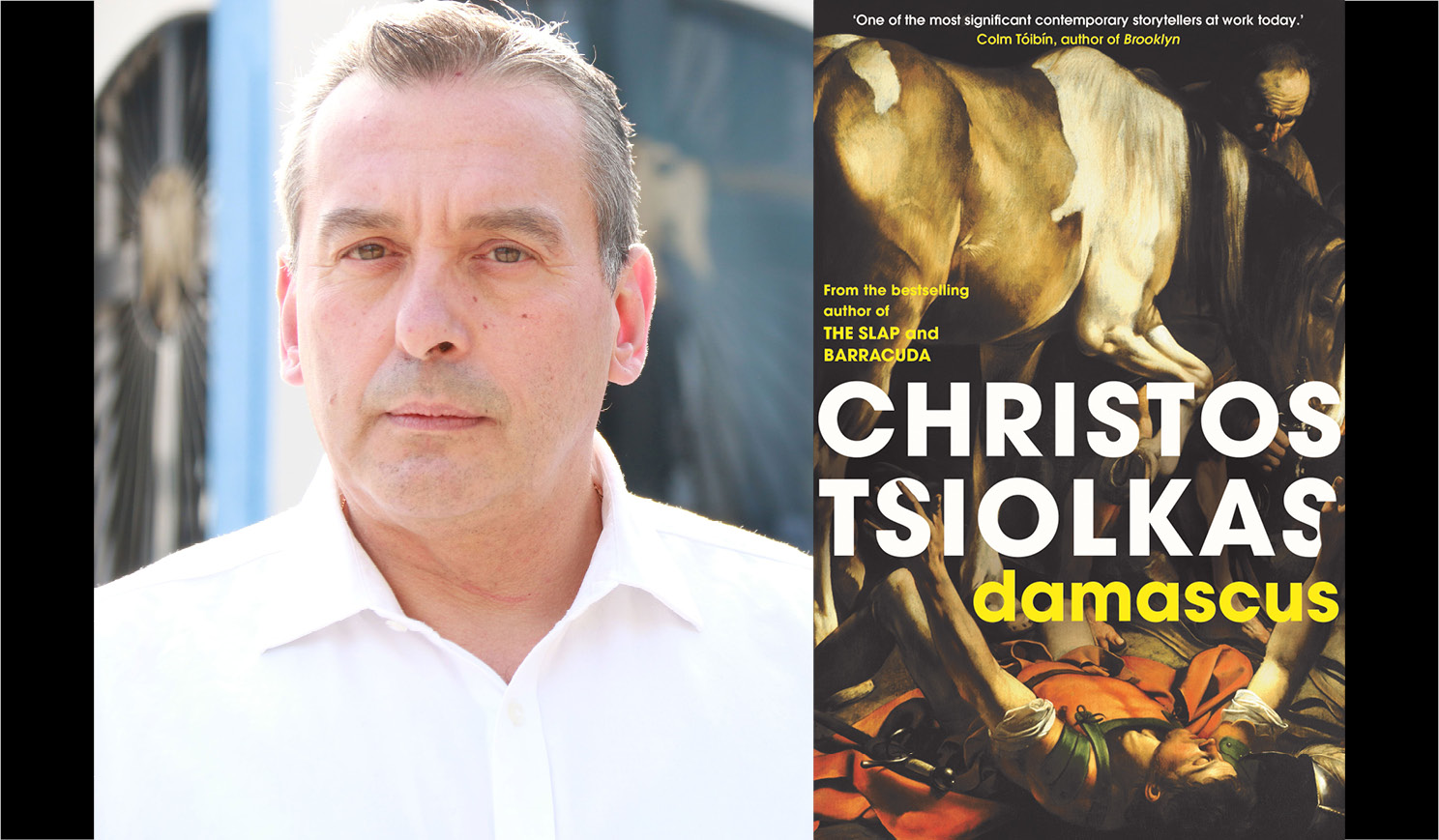 Christos Tsiolkas' headshot alongside the cover of his book Damascus