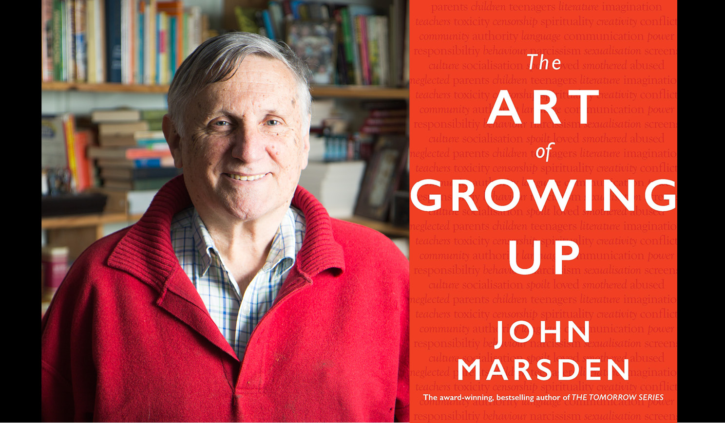 John Marsden's headshot alongside the cover of his book The art of Growing up