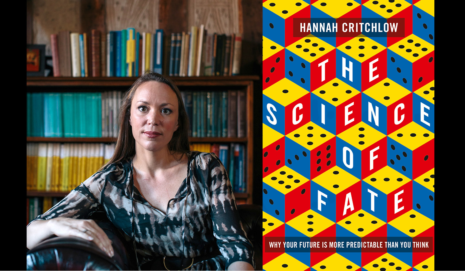 Hannah Critchlow's headshot alongside the cover of her book The Science of Fate