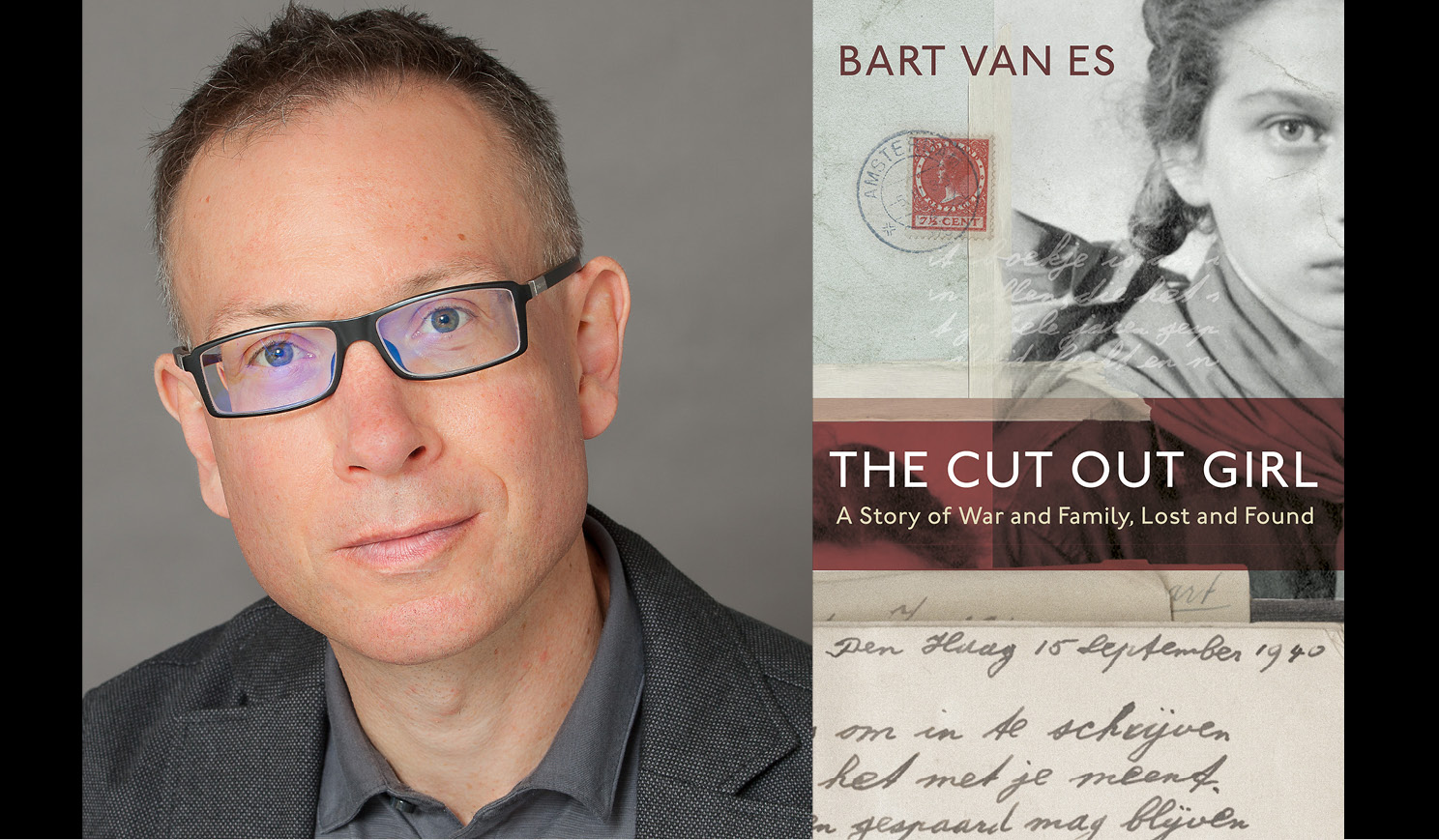 Bart Van Es' headshot alongside the cover of his book The Cut Out Girl