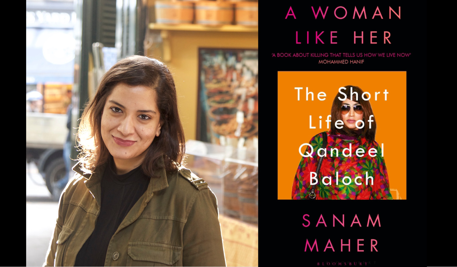 Sanam Maher's headshot alongside the cover of her book A Woman like her