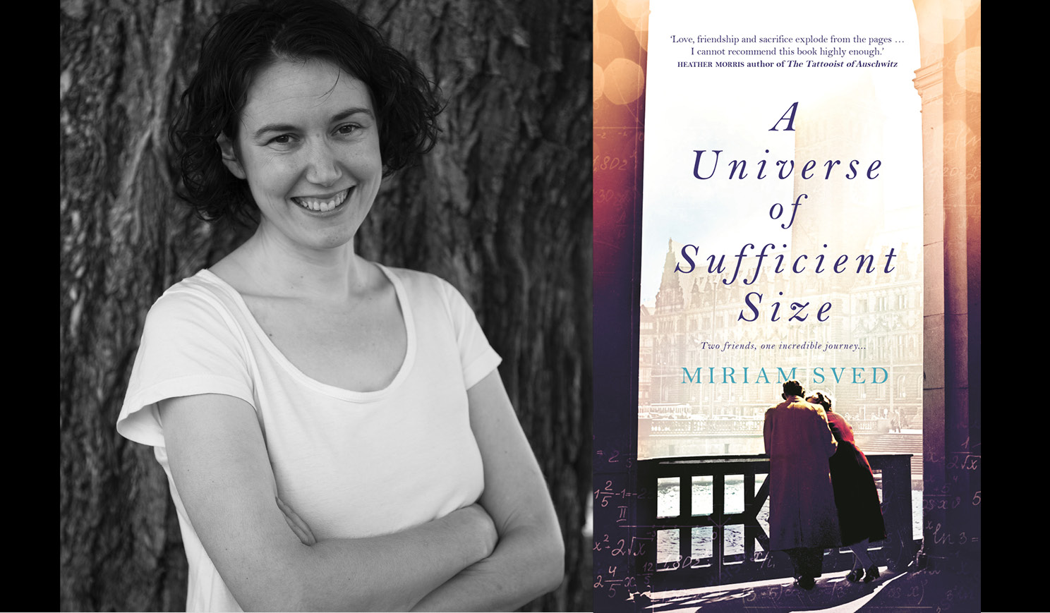 Miriam Sved's headshot alongside the cover of her book A universe of sufficient size