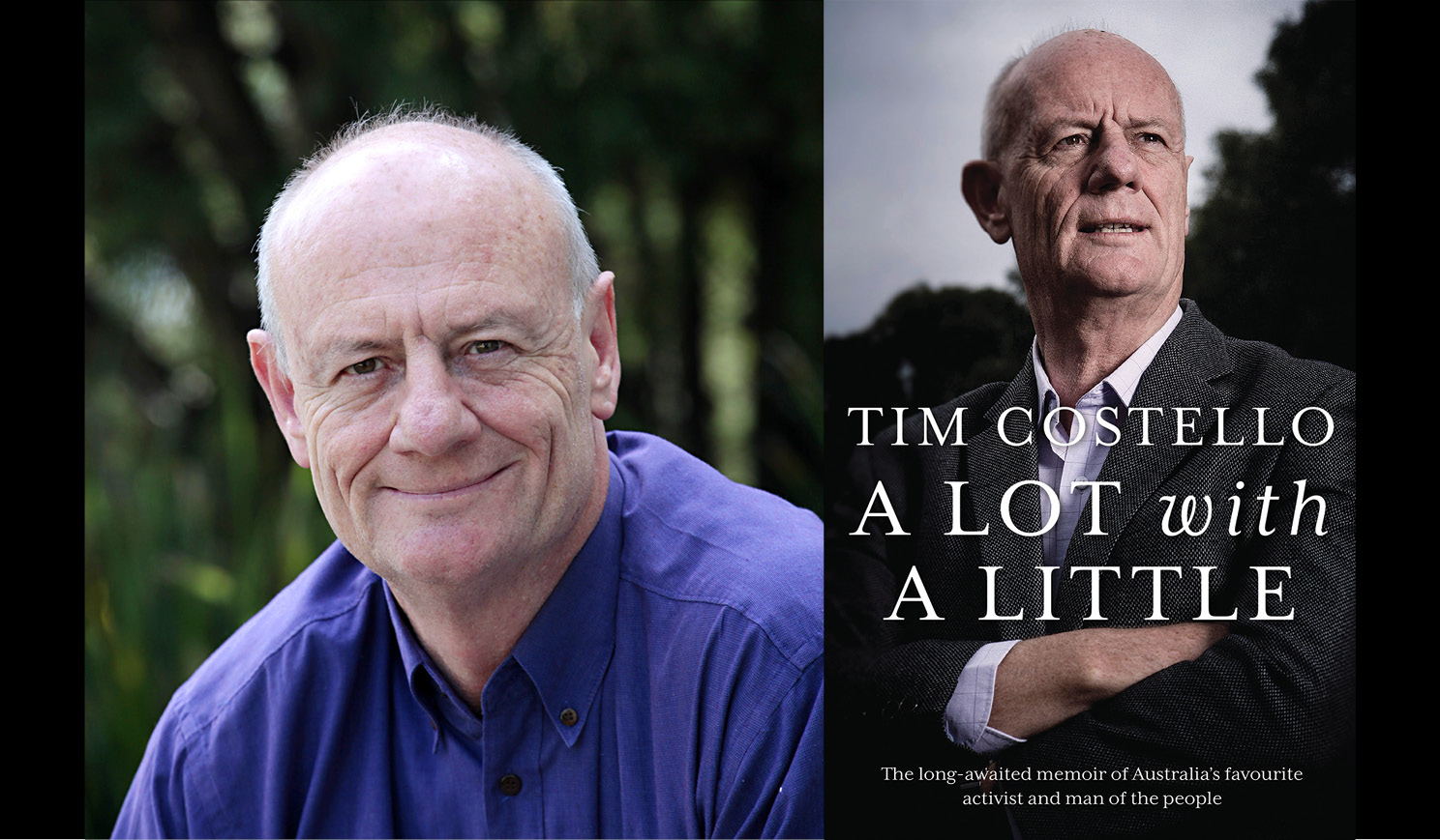 Tim Costello's headhsot alongside the cover of his book A lot with a little