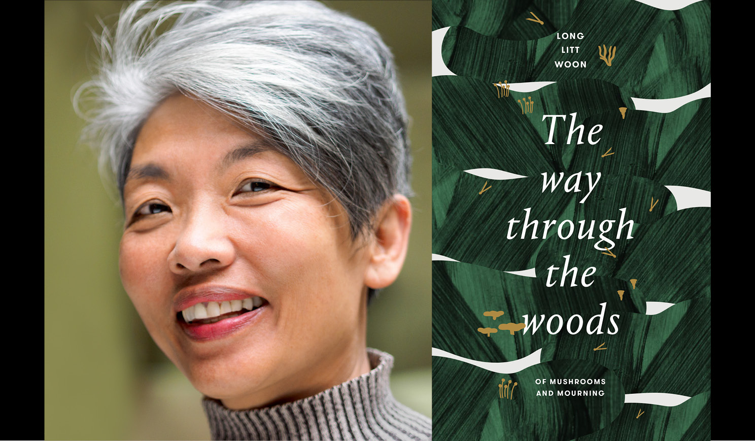 Long Litt Woon alongside the cover of her book The Way through the woods