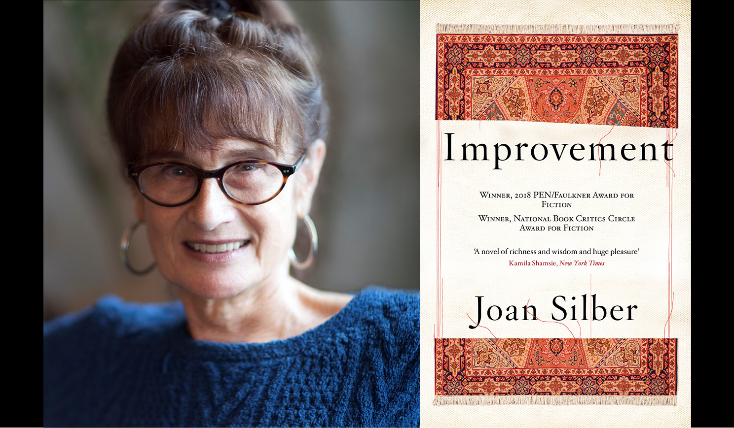 Joan Silber's headshot alongside the cover of her book Improvement