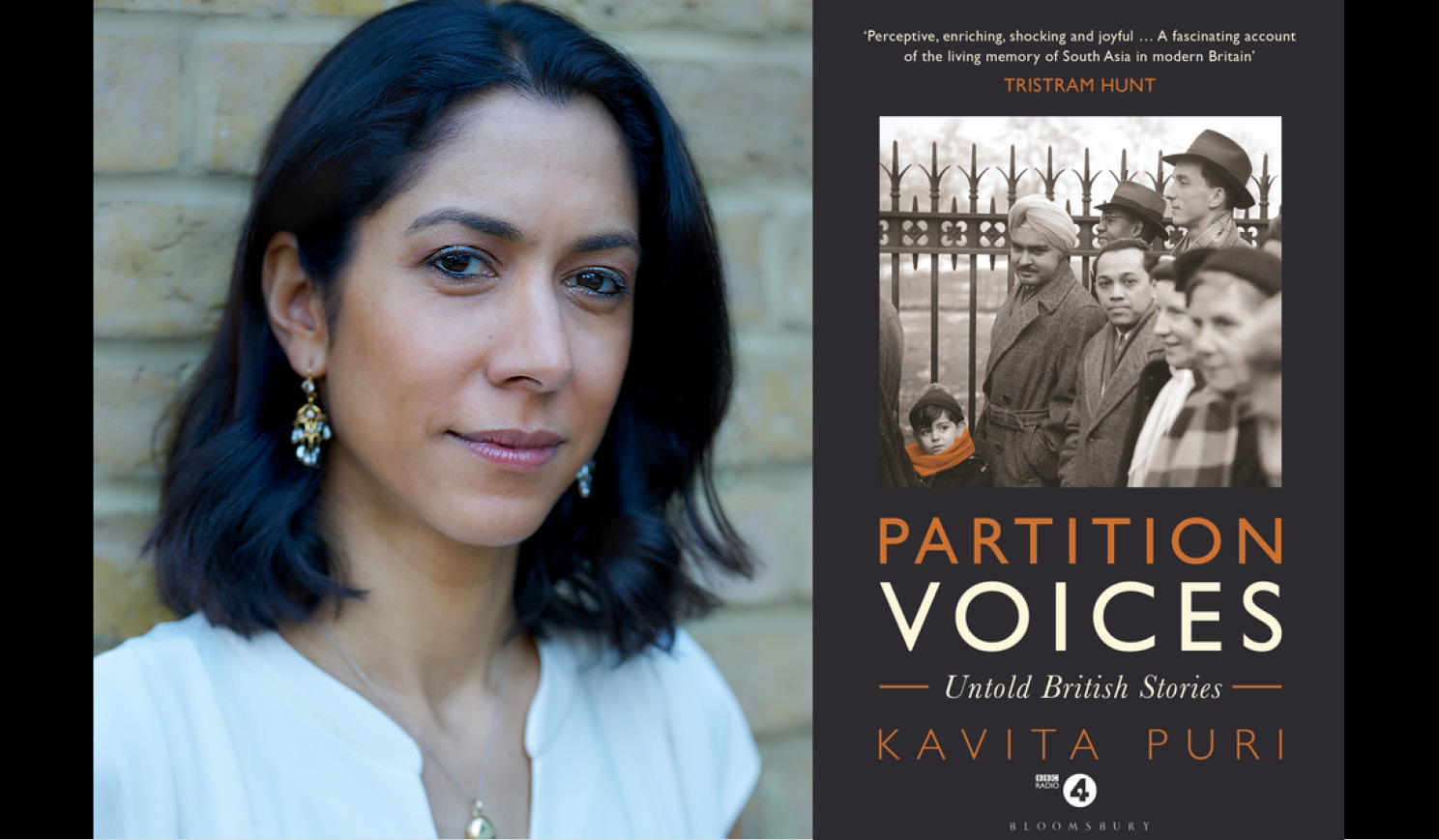 Kavita Puri's headshot alongside the cover of her book Partition Voices