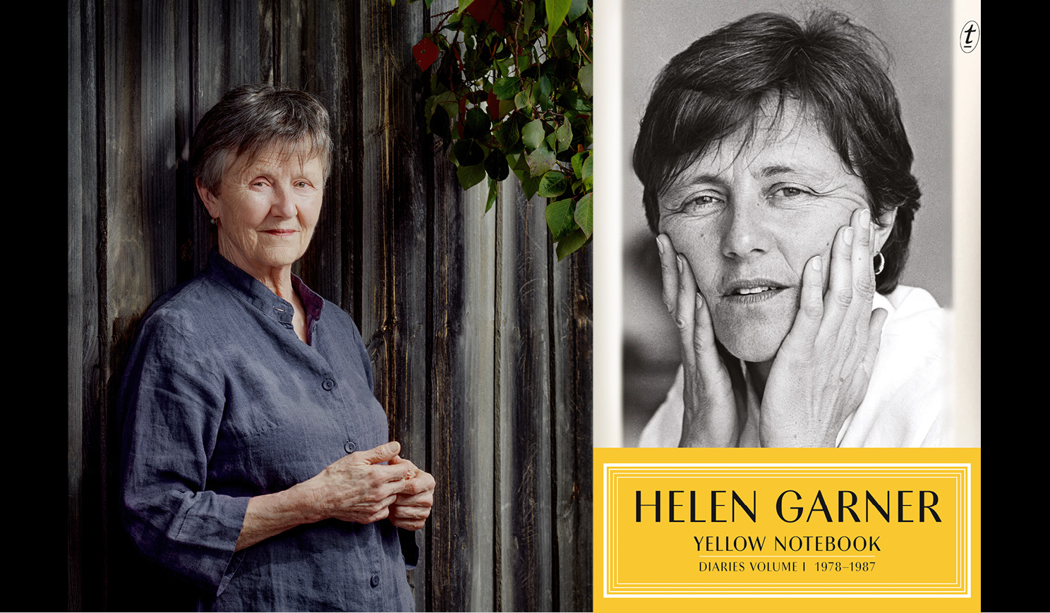 Helen Garner's headshot alongside the cover of her book Yellow Notebook