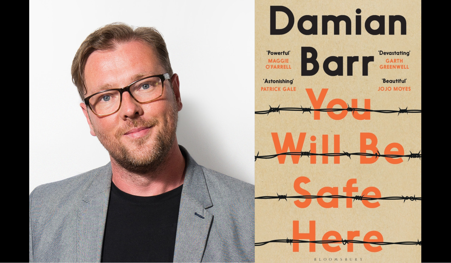 Damian Barr's headshot alongside the cover of his book You will be safe here