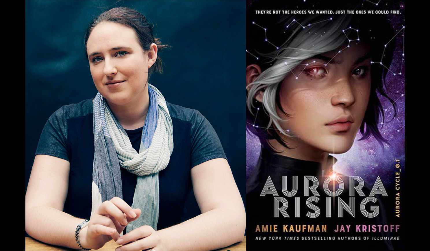 Amie Kaufman's headshot alongsidethe cover of her last book Aurora rising