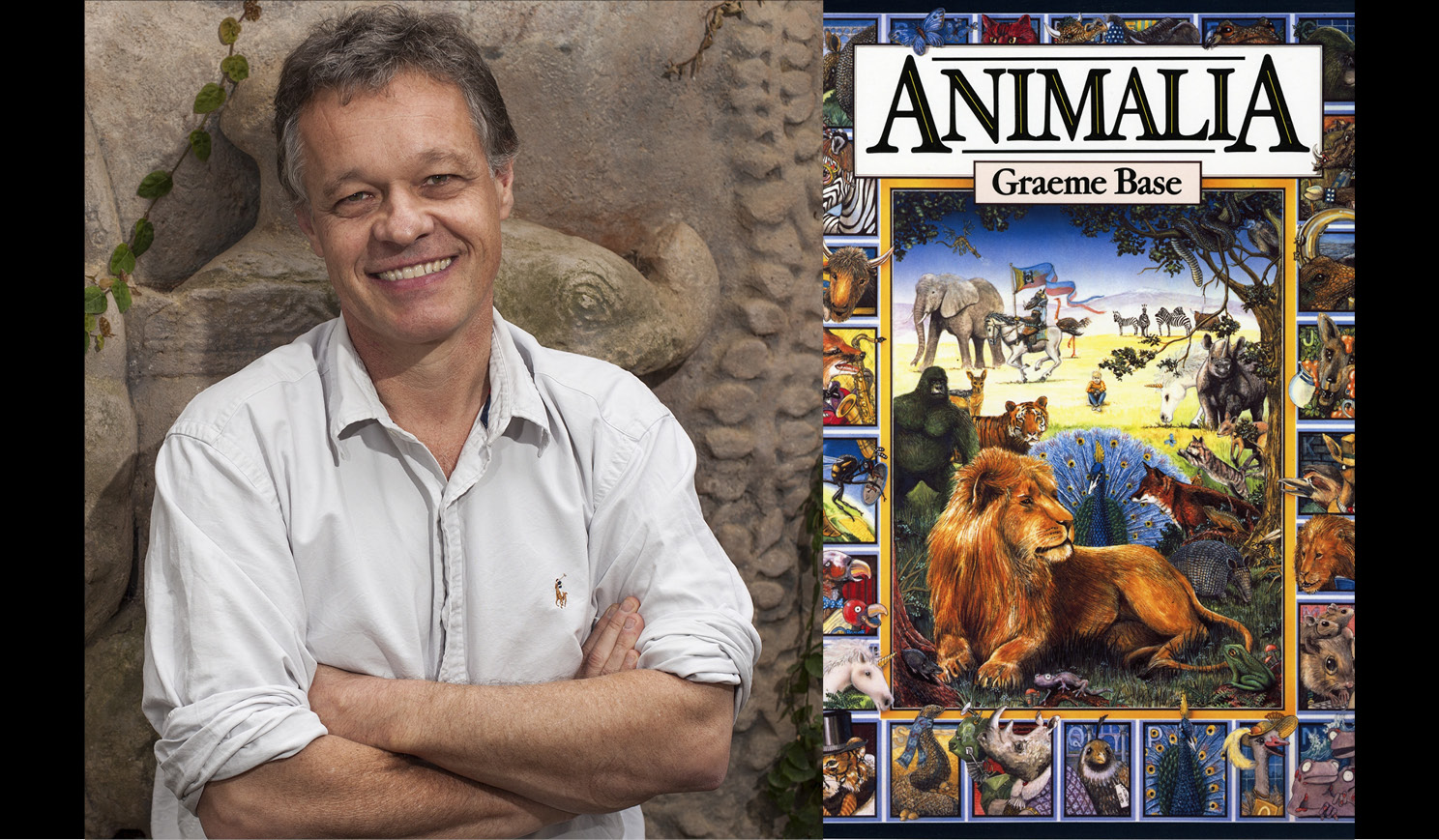 Graeme Base's headhsot alongside the cover of his bestseller Animalia
