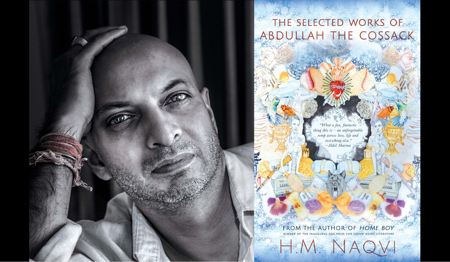 HM Naqvi's headshot alongside the cover of his book