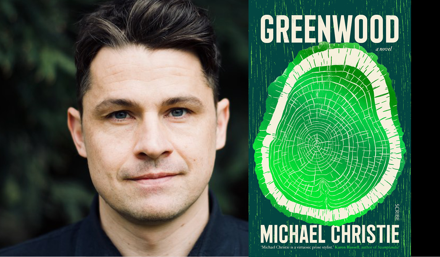 Michael Christie's headshot alongside the cover of his book Greenwood