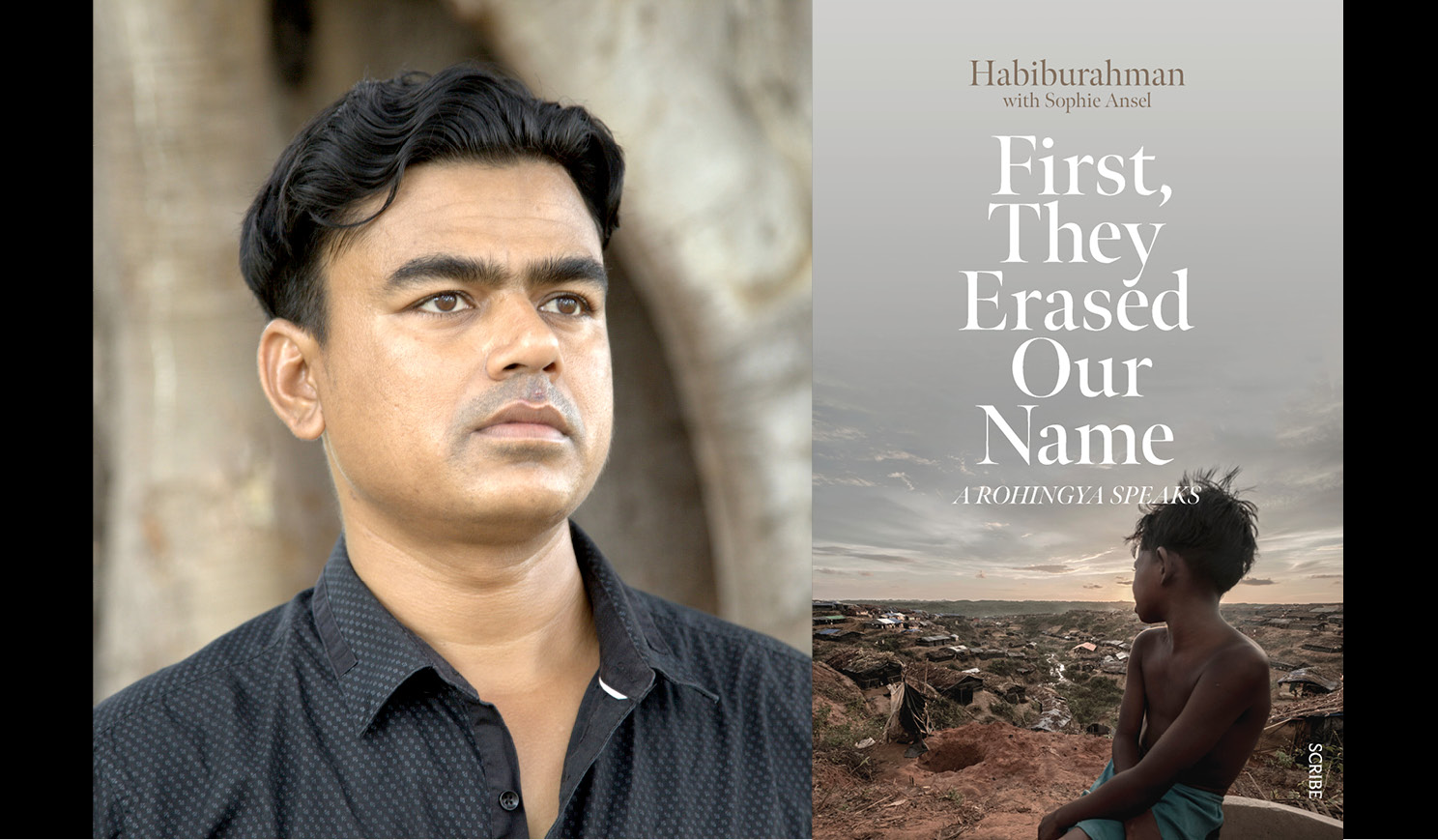 Habib's headshot alongside the cover of his book First, They Erased our Name