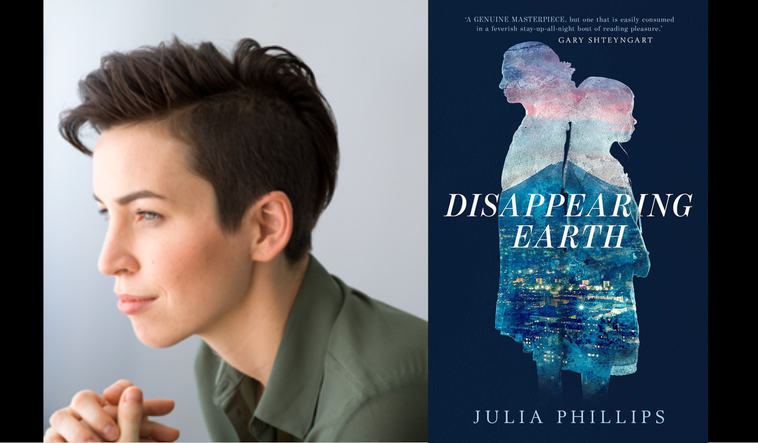 Julie Phillips' headshot alongside the cover of her book Disappearing Earth