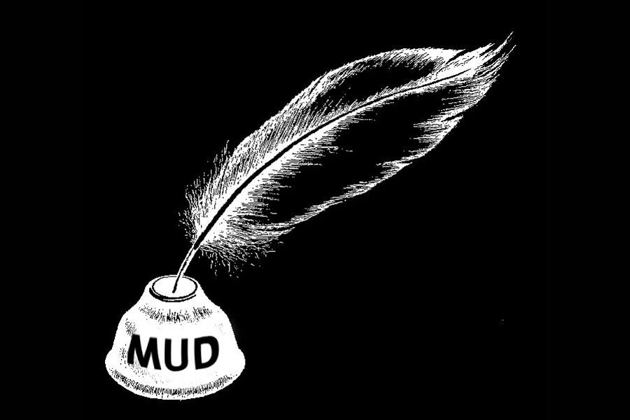 MUD Literary club logo: a white quill and ink on black background