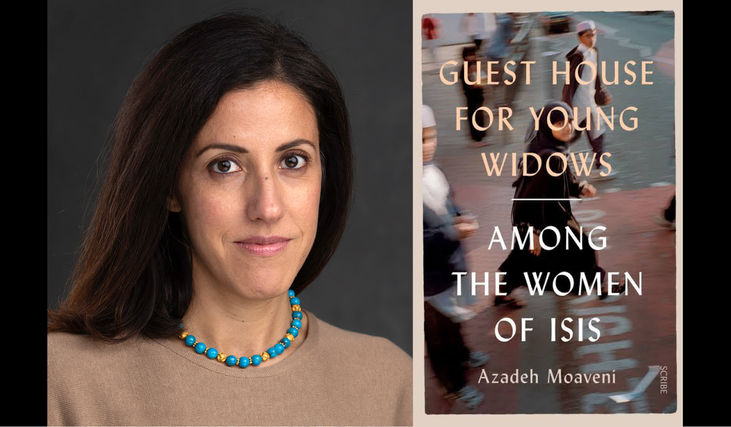 Azadeh Moaveni's headshot alongside the cover of her book Guest House for young widows