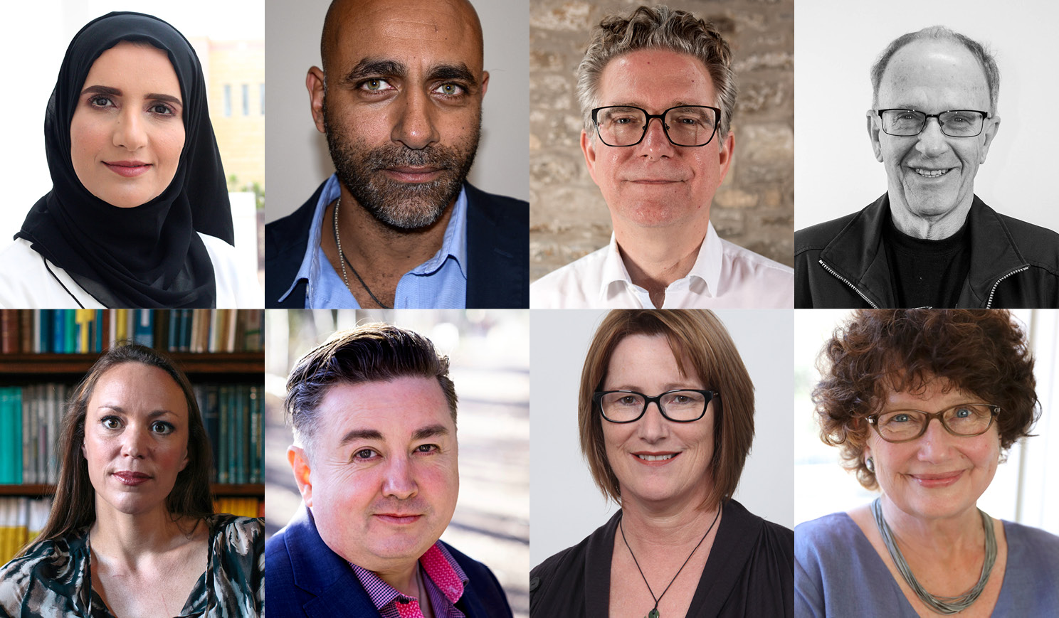 Top, L-R: Jokha Alharthi, Mohammed Massoud Morsi, Robert Elliot Smith, Dennis Altman. Bottom, L-R:  Hannah Critchlow, Tony McAleer, Mandy Whyte, Vicki Laveau-Harvie