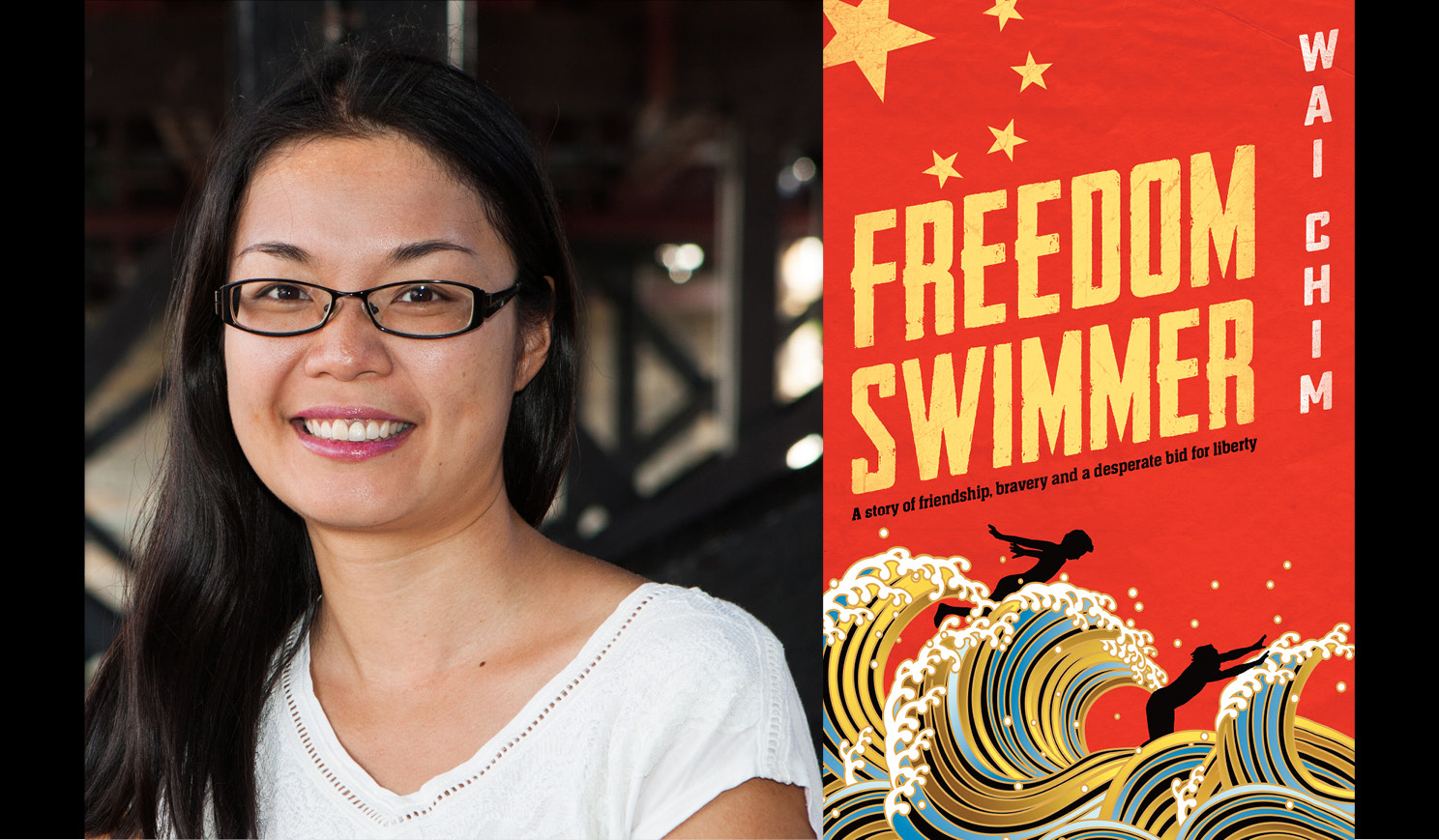 Wai Chim's headshot alongside the cover of her book Freedom Swimmer