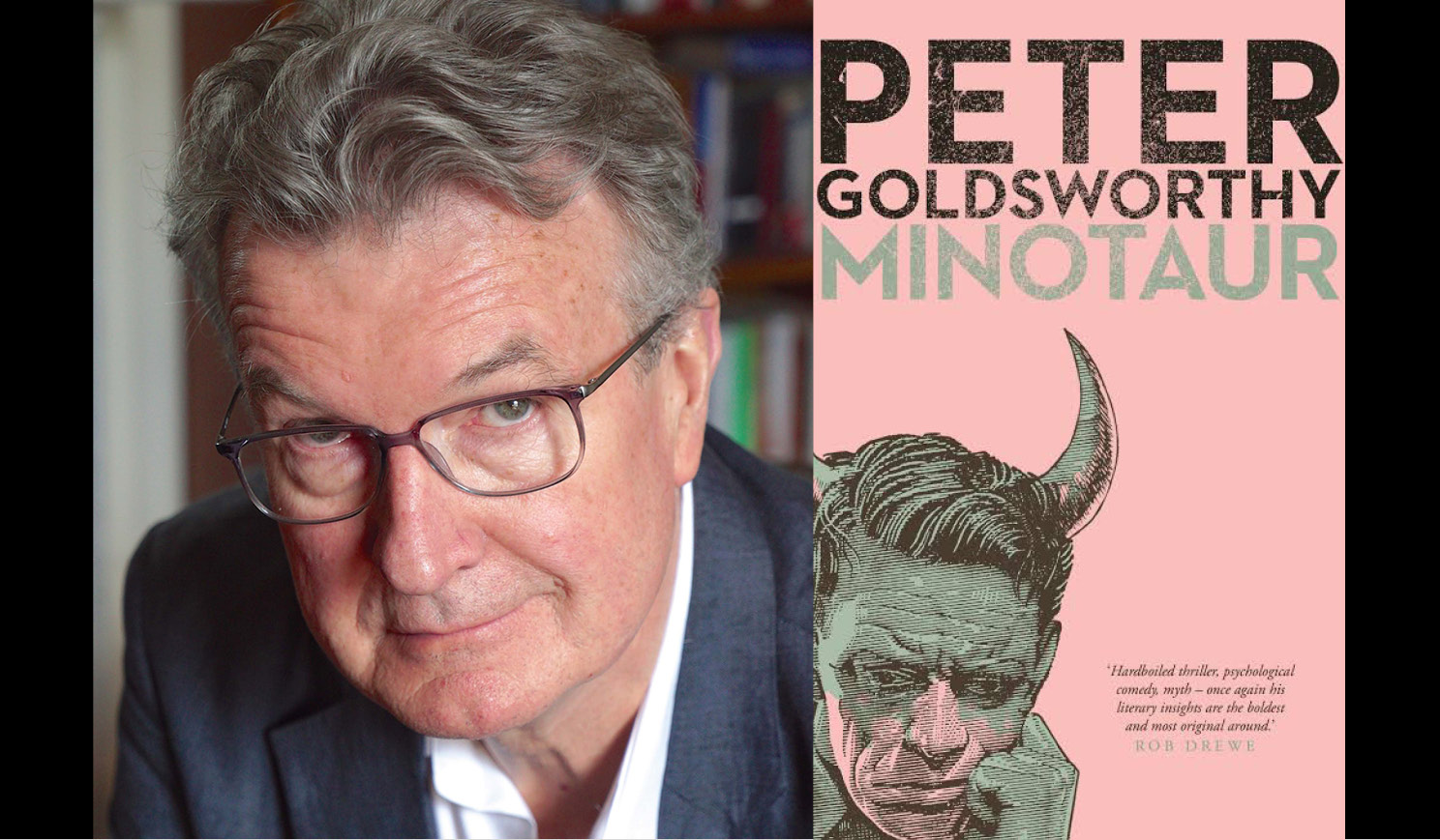 Peter Goldsworthy's headshot alongside the cover of his book Minotaur
