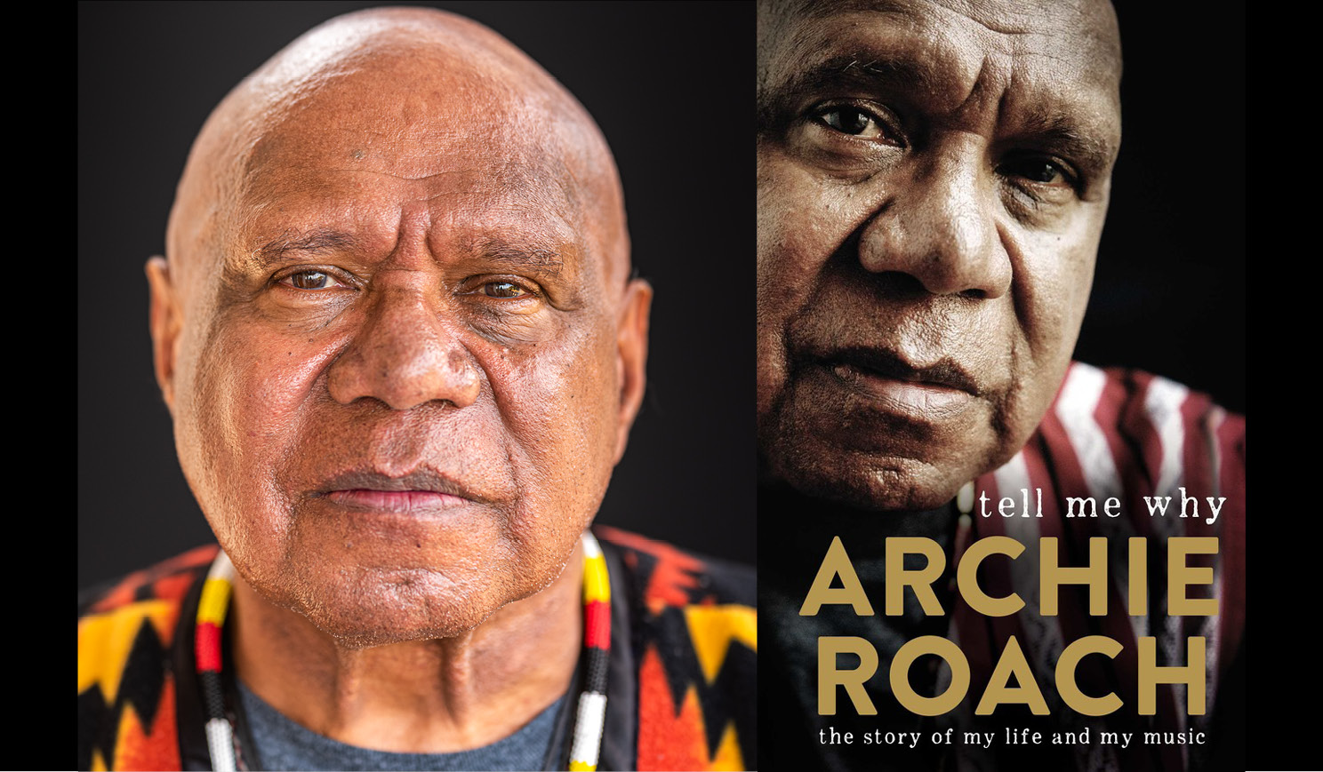 Archie Roach alongside the cover of his book
