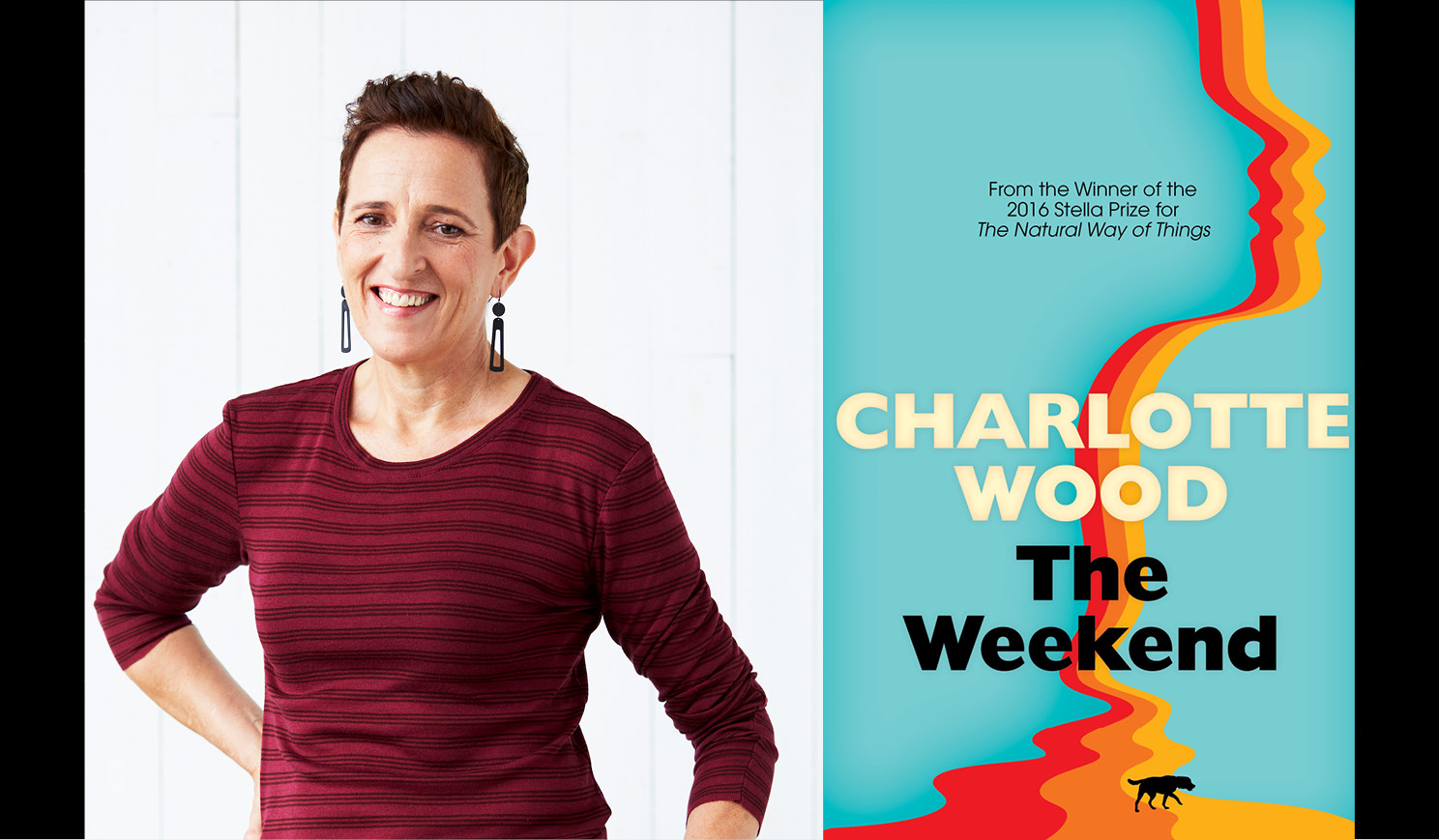Charlotte Wood's headshot alongside the cover of her book The Weekend