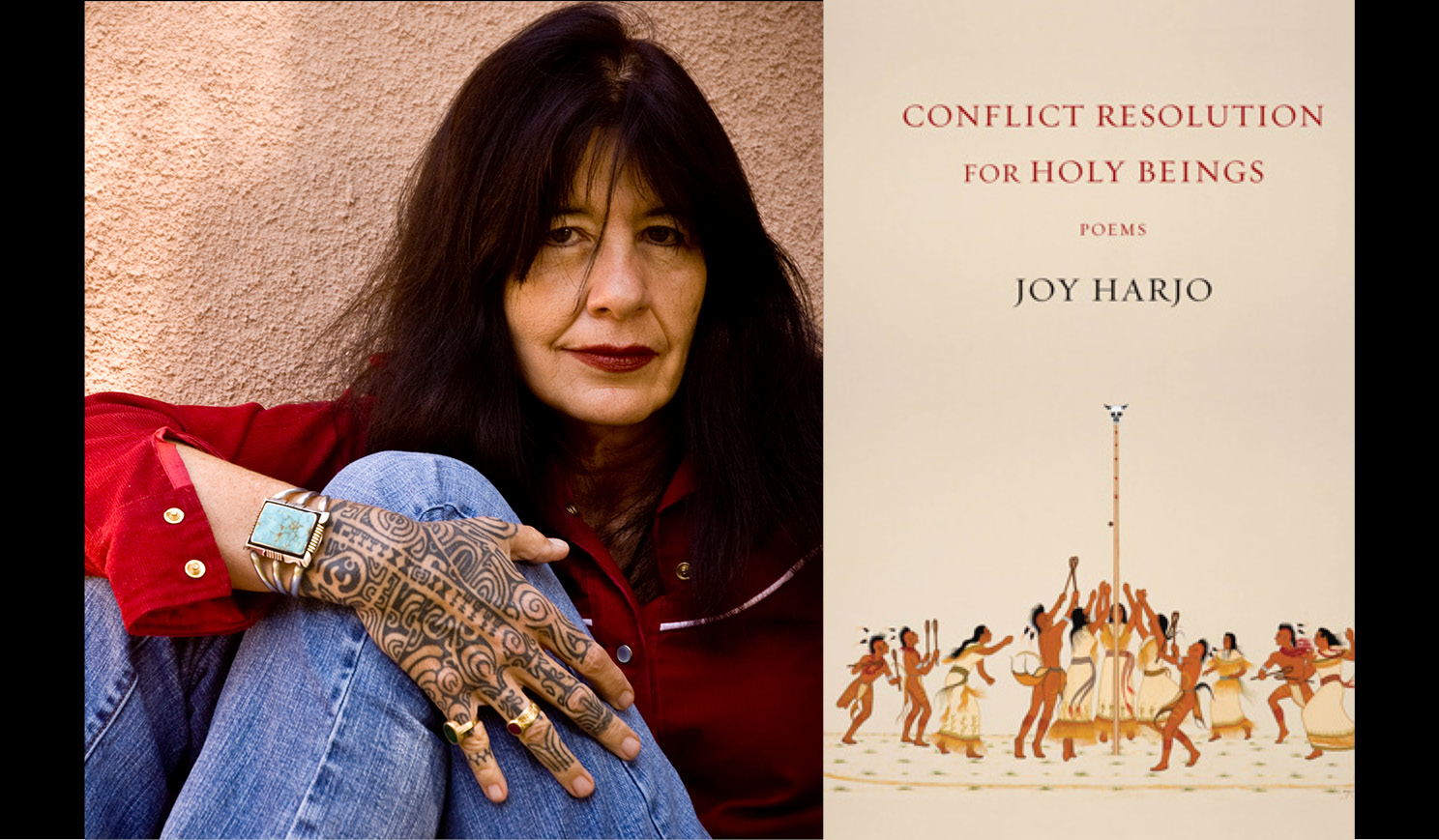 Joy Harjo's headshot alongside the cover of her book Conflict Resoutions for Holy Beings