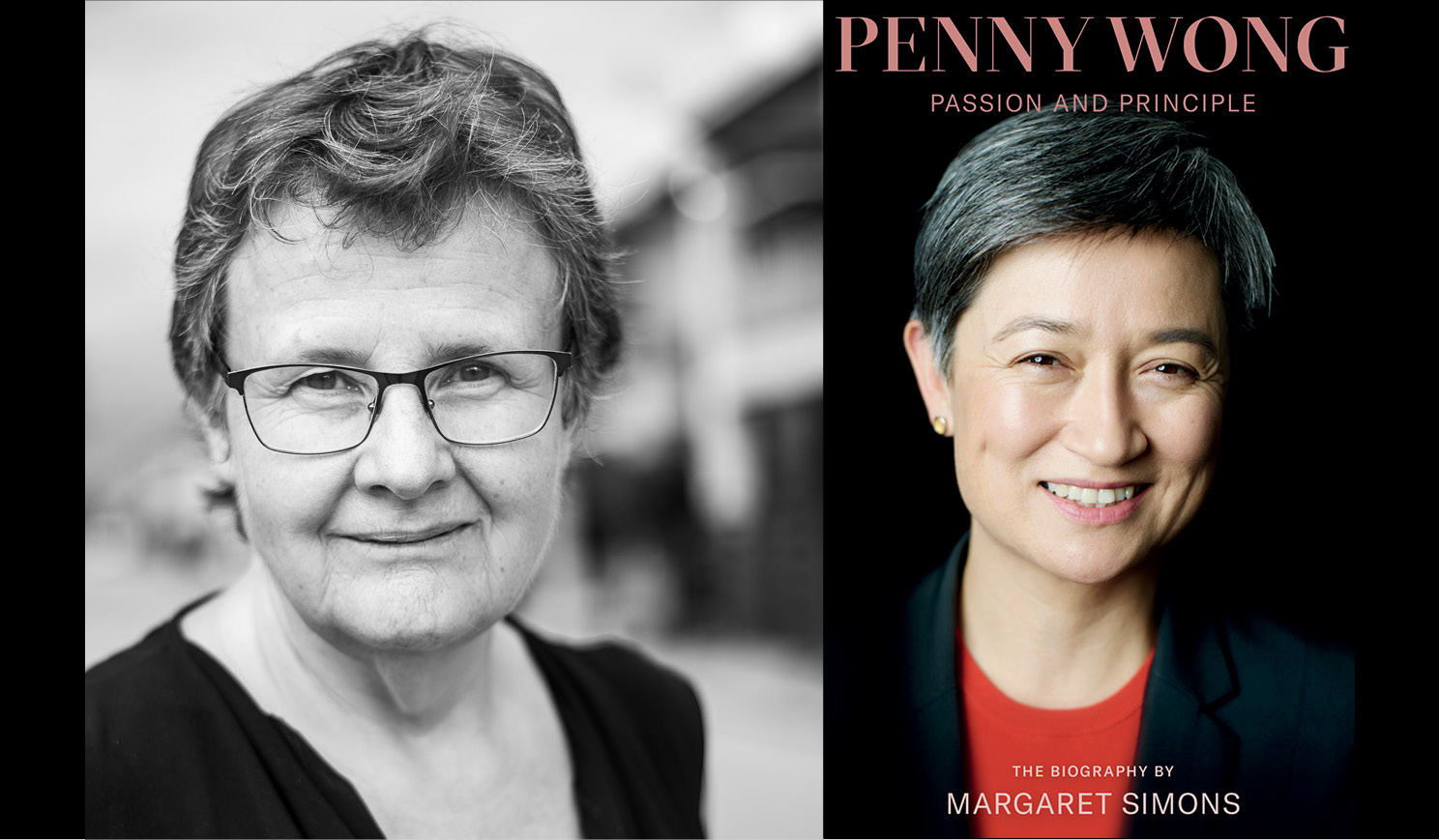 Margart Simons' headshot alongside the cover of her book about Senator Penny Wong