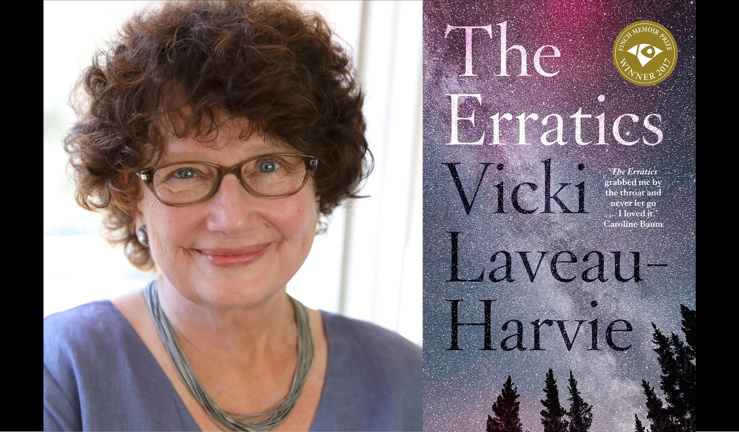 Vicki Laveau-Harvie's headshot alongside the cover of her book The Erratics