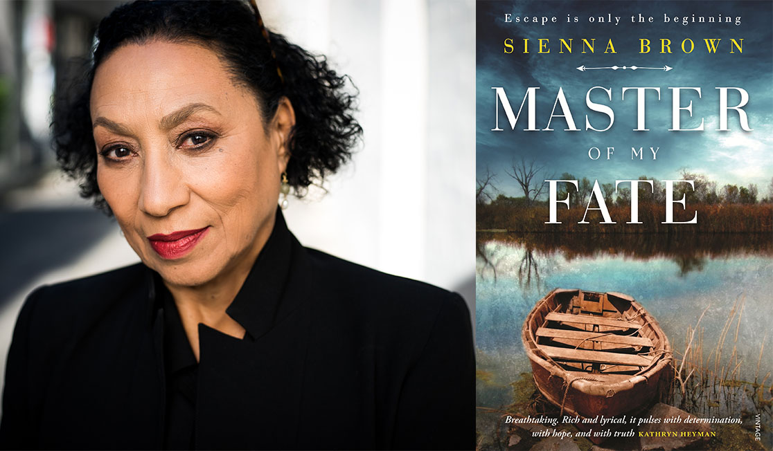 Sienna Brown's headshot alongside the cover of her book Master of my fate
